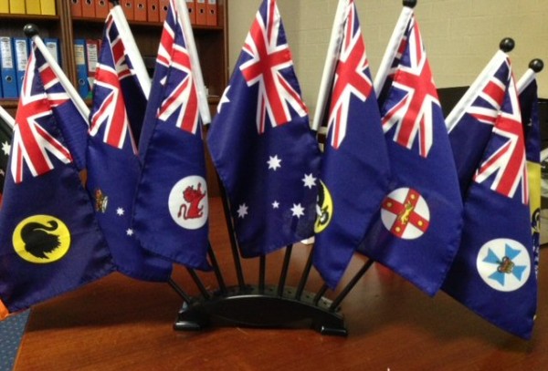 Black plastic Flag base incl. all Australian State flags 300x150mm